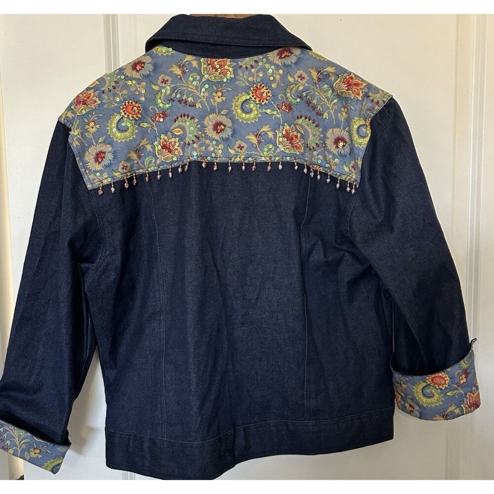 Womens Denim Jacket Large Floral Yoke Beaded Embellished Flip Cuff Artsy Boho - Picture 6 of 11